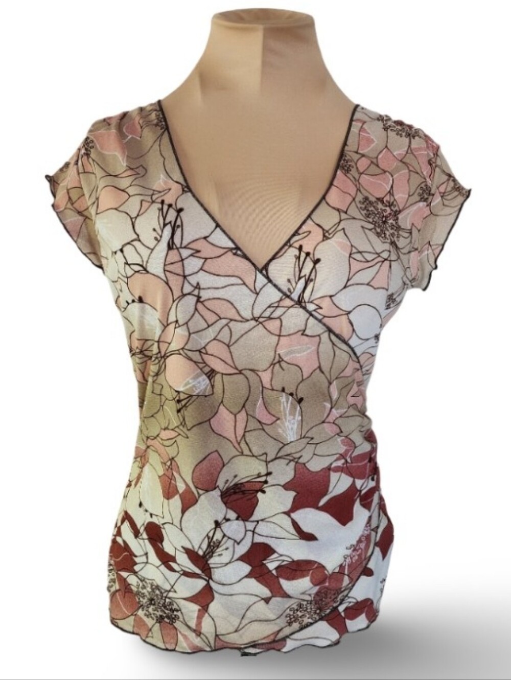 Y2K‎ Aziz Sheer Floral Faux Wrap Top Size Medium Romantic Mesh Blouse